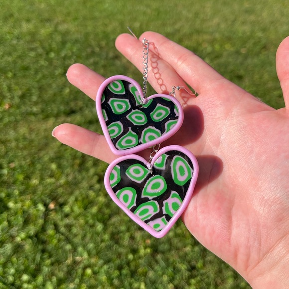 Handmade Psychedelic Polymer Clay Heart Statement Earrings - Picture 8 of 17